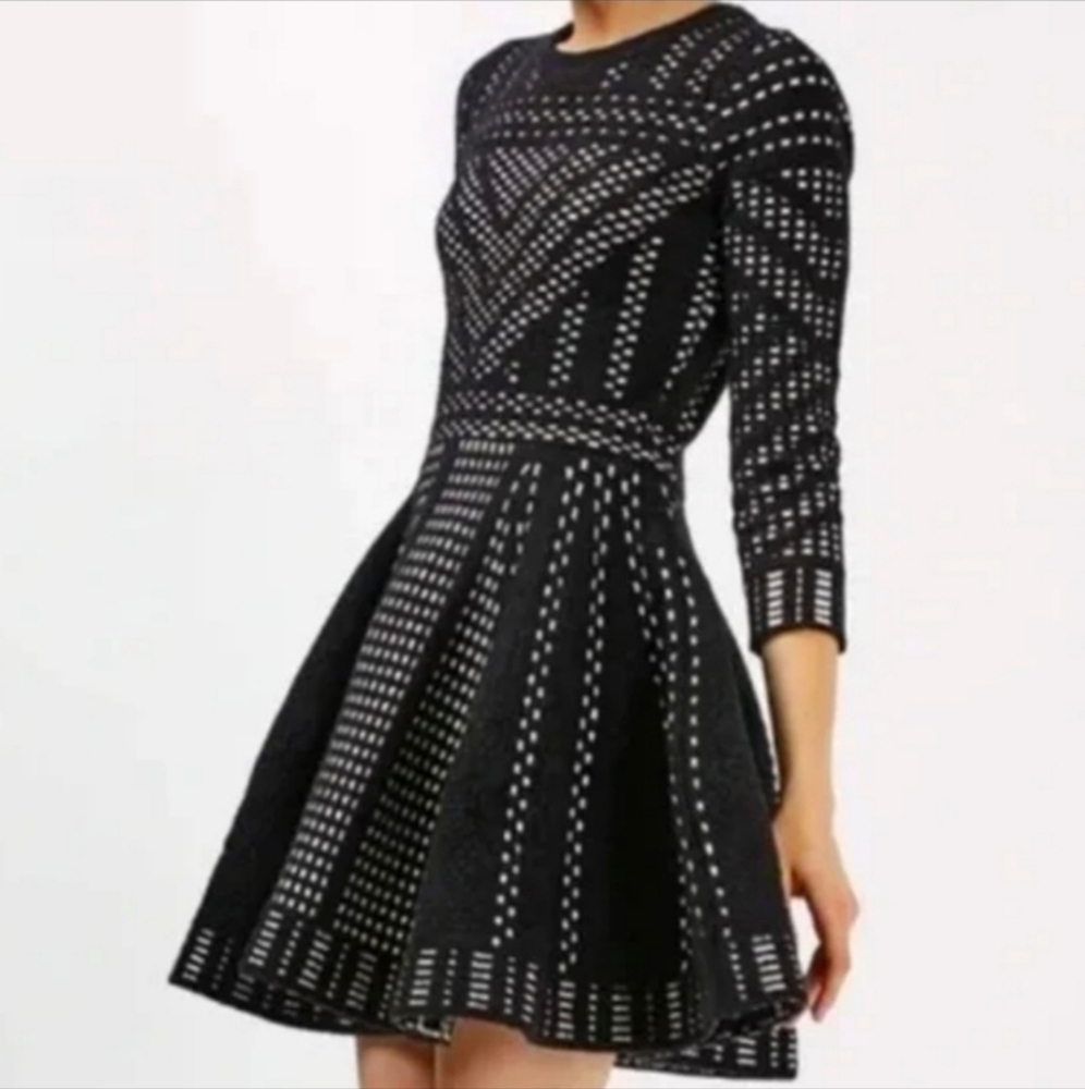 NWT Topshop Black and White Knit Geometric Fit N Flare Dress 4